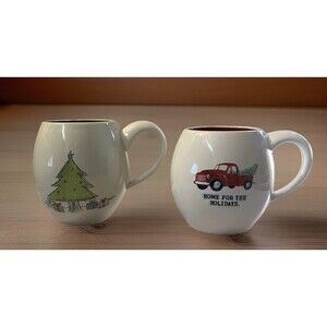 Rae Dunn Artisan Collection Christmas Coffee Mugs Truck Tree Presents Lot of 2